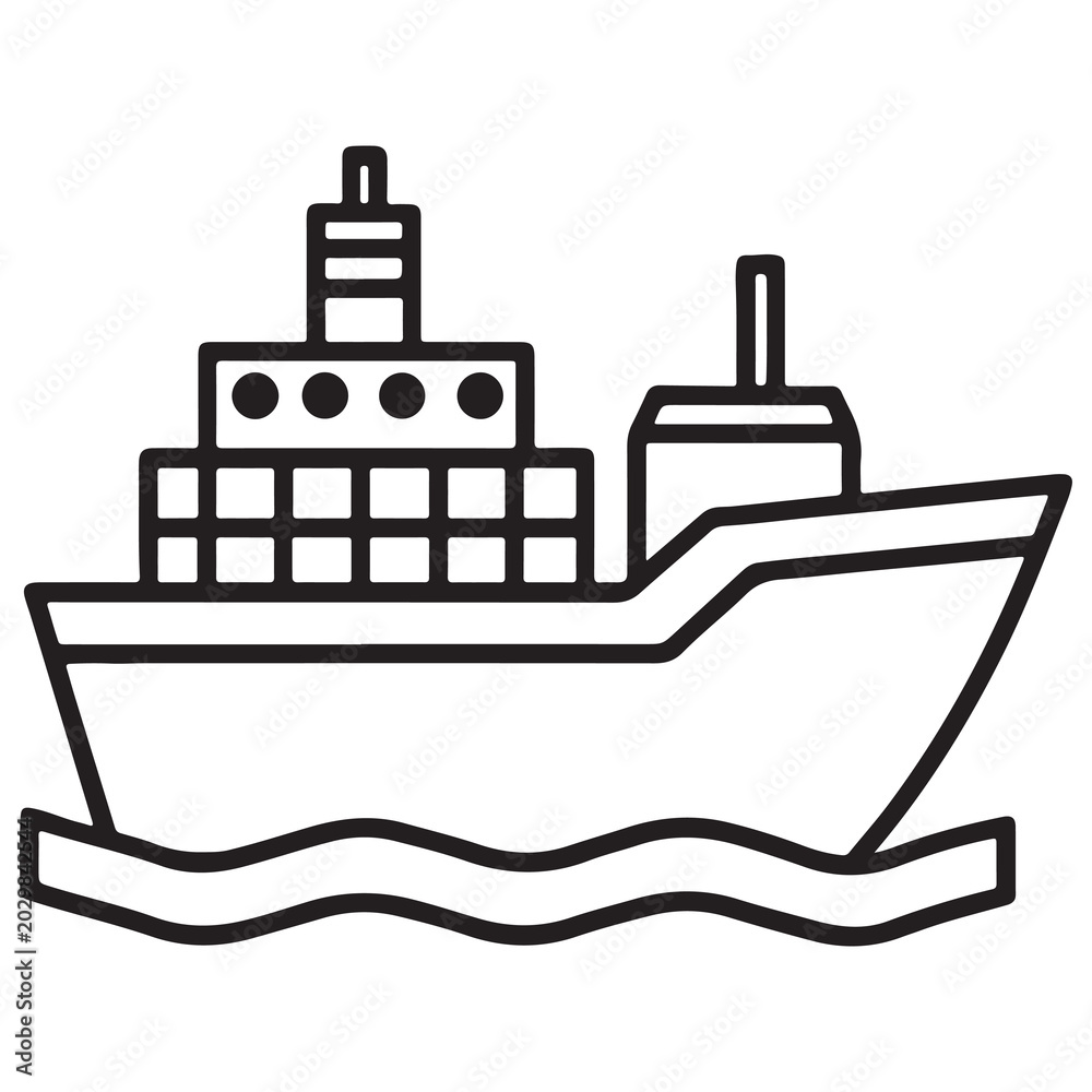 Obraz premium Cargo ship icon with container on deck and wave line at bottom transportation and logistics symbol