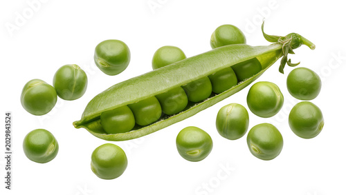 Valokuva Fresh green peas spilling from a pod, isolated on transparent background