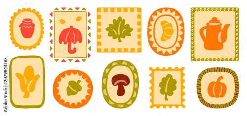 Set of autumn doodle frames with pumpkin, leaf, acorn, mushroom, teapot, and cozy border designs for cards and stationery