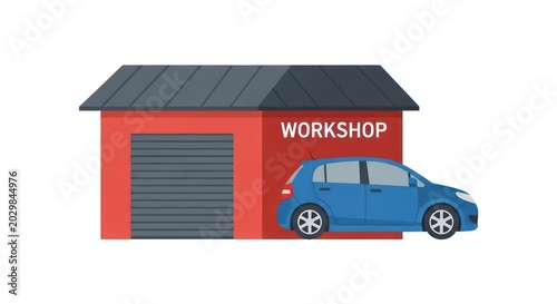 Red automotive workshop building with blue car outside