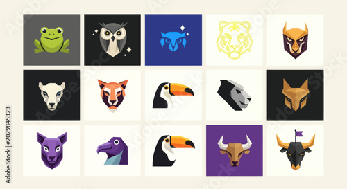Photography Set of Low Poly Animal Icons, Geometric Style, Vector Graphics