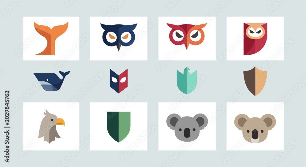 Fototapeta premium Vector Icons: Animals, Shields, and Abstract Shapes Set