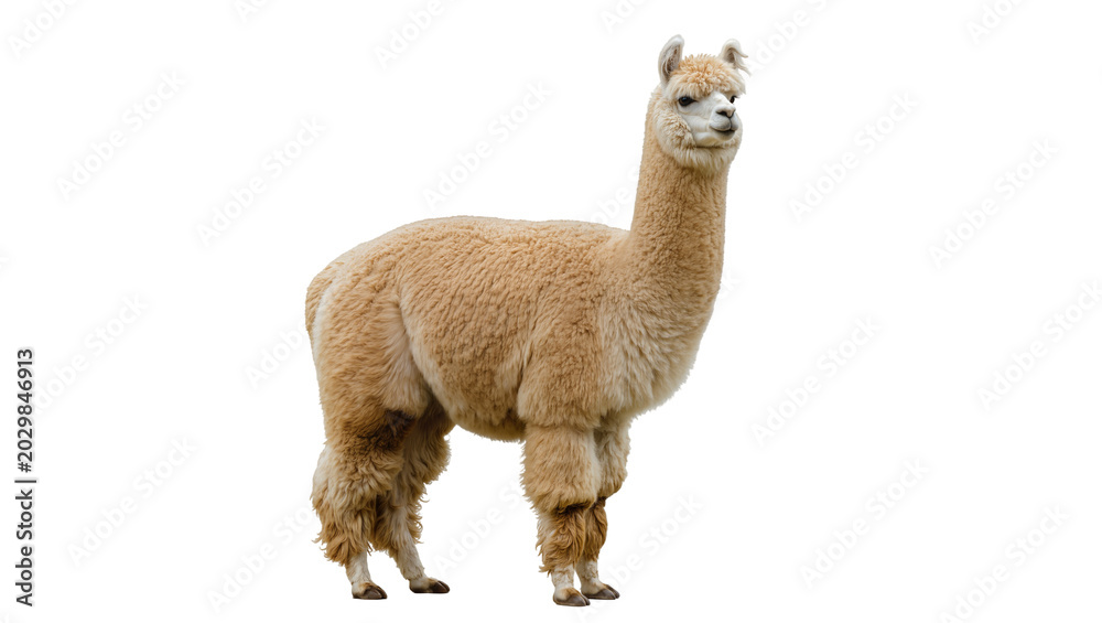 Fototapeta premium Fluffy light brown alpaca standing, isolated on transparent background