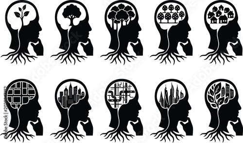 Human head silhouettes containing various growth and urban development concepts featuring trees houses buildings and road networks represented as a collection of creative black vector illustrations se