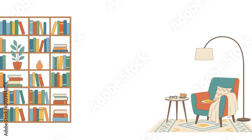 Konstfotografi Cozy Reading Nook Illustration with Bookshelf and Comfortable Armchair