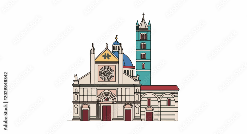 Naklejka premium Stylized representation of a grand church with a domed roof and tall bell tower