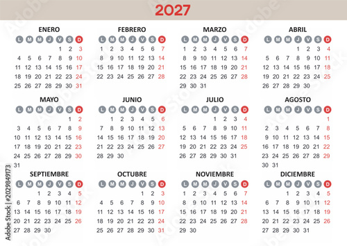 Spanish Calendar 2027 Year mockup. Annual horizontal template with round days of the week. Modern design. Editable format. EPS10.