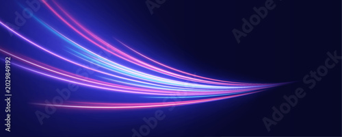 Fotografie Pink and cyan glowing streaks spin through a digital tunnel