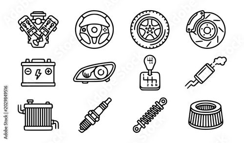Obraz na płótnie Car parts vector icon set with automotive component symbols isolated on white ba