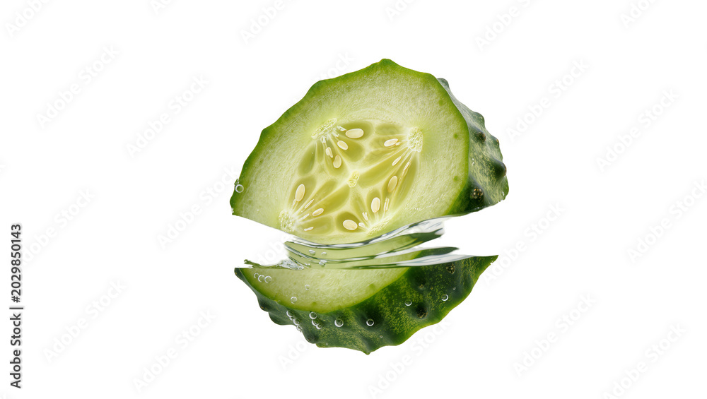 Obraz premium Green cucumber slice with water droplets, isolated on transparent background