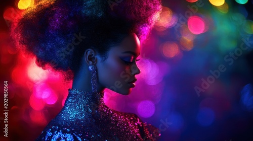 Glamorous woman with vibrant Afro, profile view