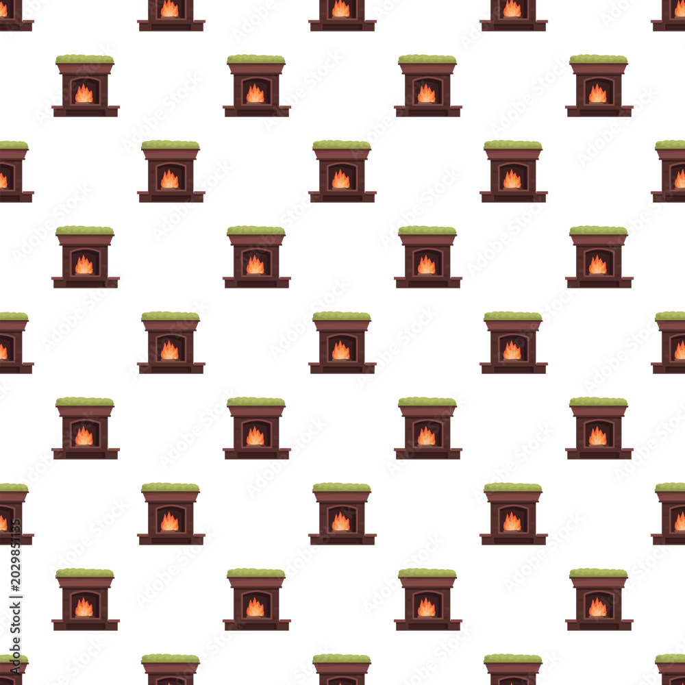 Fototapeta premium Seamless illustration pattern featuring multiple stylized fireplaces with fires providing warmth and comfort