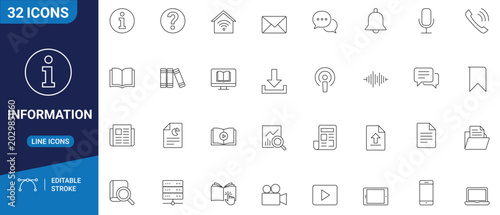 Cuadro en lienzo Information set icon featuring minimalist outline illustrations of data sharing, digital communication, and knowledge transfer