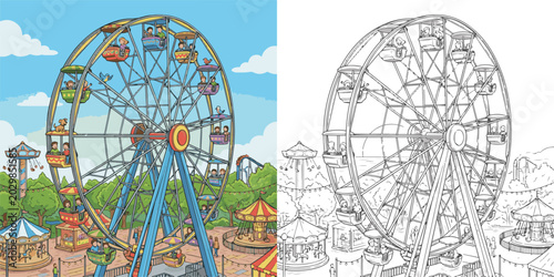 children visiting amusement park ferris wheel enjoying rides cartoon clipart and lineart print vector illustration for color coloring book