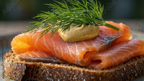 Extreme macro smørrebrød with smoked salmon, rye bread, dill, and honey mustard, showing rich texture and glossy detail.

