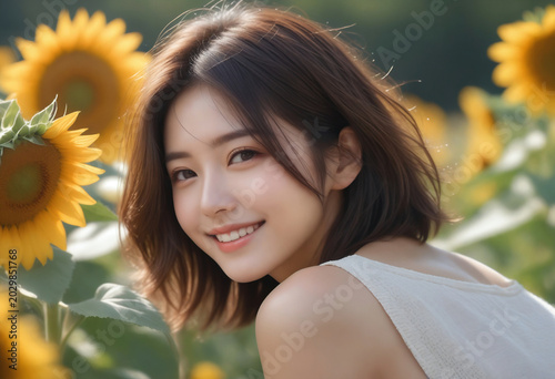 Portrait of a cute girl smiling with sunflowers. Beautiful natural face, beauty image.  ひまわりと笑顔のかわいい女の子のポートレート。美しい素顔、美容イメージ。