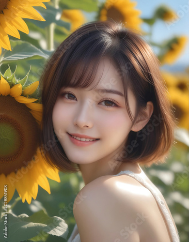 Portrait of a cute girl smiling with sunflowers. Beautiful natural face, beauty image.  ひまわりと笑顔のかわいい女の子のポートレート。美しい素顔、美容イメージ。
