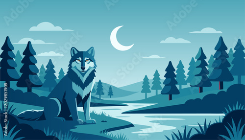 Canvastavla Majestic wolf sitting in a moonlit forest landscape, wild animal vector illustra