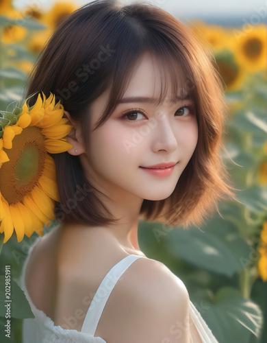 Portrait of a cute girl smiling with sunflowers. Beautiful natural face, beauty image.  ひまわりと笑顔のかわいい女の子のポートレート。美しい素顔、美容イメージ。