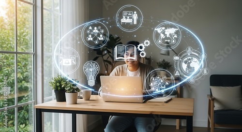 Online education and e-learning concept. A person use a laptop with icons representing online education, learning, knowledge sharing, educational tools, training, webinar on internet, digital courses,