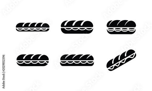 Tableau sur toile Set of black icons illustrating sub sandwiches or long bread rolls with filling