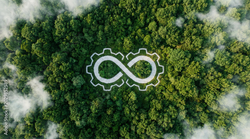 Aerial view of green forest with infinity gear symbol representing circular economy and sustainable industry ecology concept and environmental renewal
