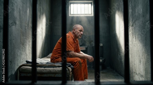 European man in orange prison jumpsuit sitting on metal cot in stark prison cell