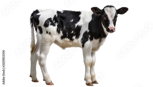 Fotografie Young black and white Holstein Friesian calf standing, isolated on transparent b