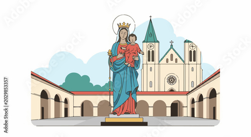 Stylized illustration of Mary holding Jesus before a church with a cloistered courtyard