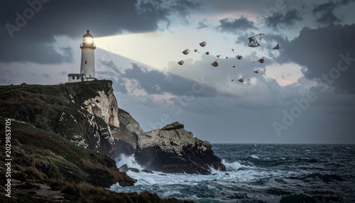 Surreal lighthouse illuminates flock of migrating teacups at sea