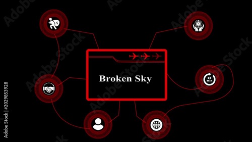 Broken sky digital interface infographic with red network connection nodes