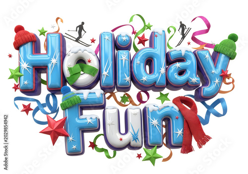 Holiday fun text with winter sports and festive elements, holiday seas