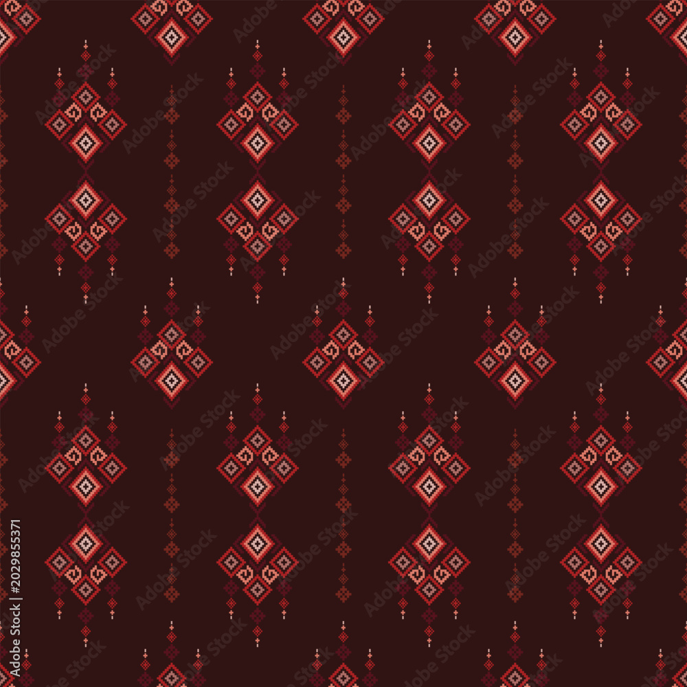 Naklejka premium Elegant burgundy geometric ethnic seamless pattern with diamond ornaments inspired by traditional woven fabrics.
