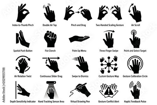 Air tap and pinch gestures silhouette icon set featuring index to thumb pinch double air tap hand tracking and virtual reality interface icons