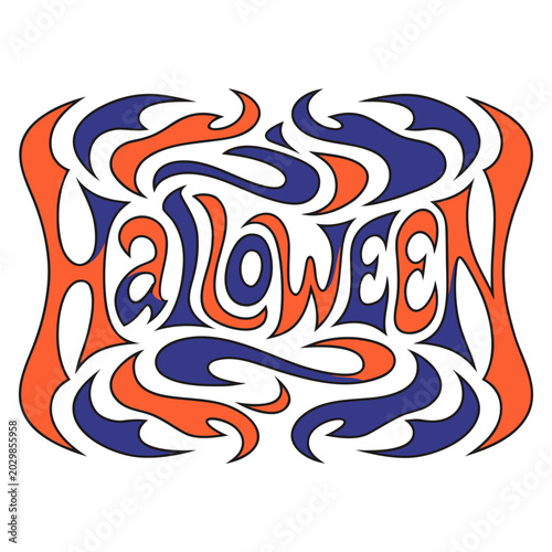 Groovy Halloween lettering banner featuring fluid abstract shapes in orange and blue