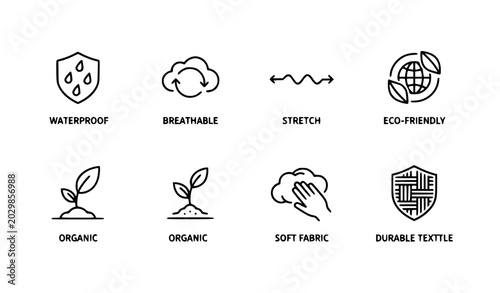 Editable stroke textile and clothing material icons vector collection