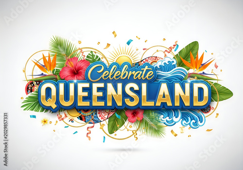 Celebrate queensland text with tropical flowers waves confetti