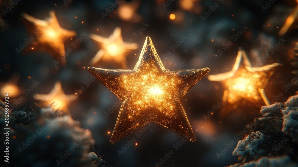 Obraz premium Golden stars, glowing, festive, dark background