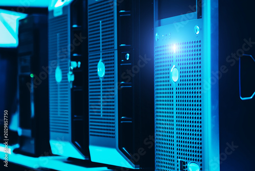 Plakat Futuristic glowing server front panel Abstract technology background representing cybersecurity web hosting and network infrastructure.