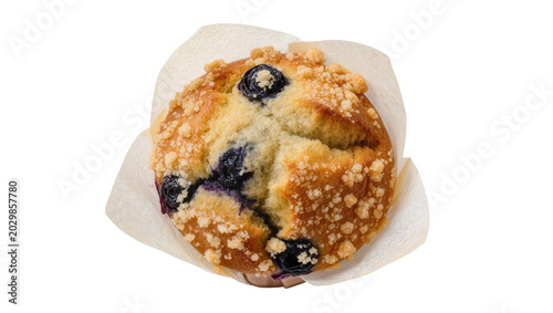 Fotografie Golden brown blueberry muffin with crumb topping, isolated on transparent backgr