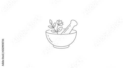 Herbal Medicine Mortar and Pestle with Plant Line Drawing