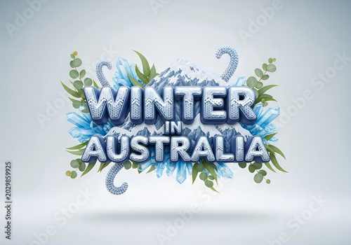 Winter in australia icy text with frosty leaves and cold foliage