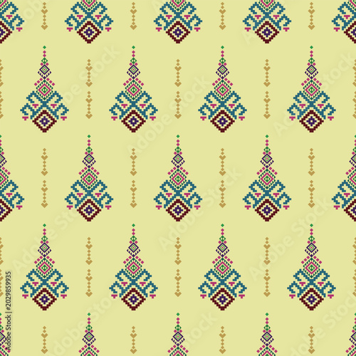 A vibrant and detailed seamless pattern featuring colorful Thai-inspired geometric and floral motifs on a light yellow background, perfect for creative textiles.