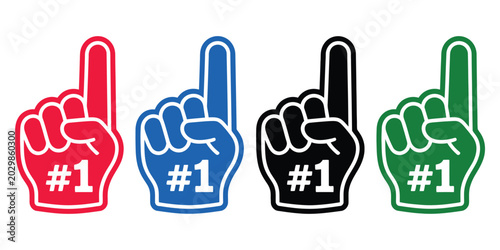 Foto Fan foam hands number one set vector illustration featuring sports fan finger gloves with #1 sign, colorful red blue green black icons, championship support concepts, and modern editable design