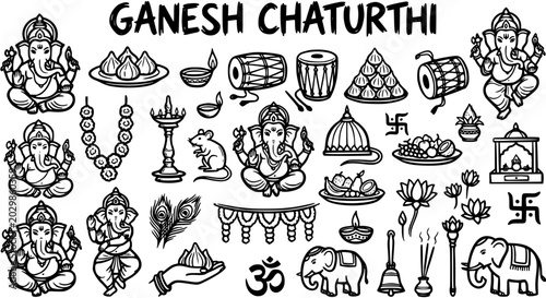 Bild auf Leinwand Ganesh Chaturthi Hindu Festival Black and White Line Art Icons Set