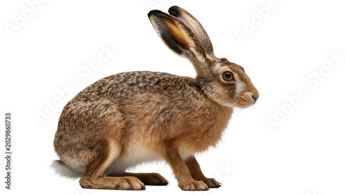 Cuadro en lienzo Brown hare with long ears sitting alert, isolated on transparent background