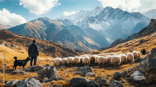Shepherd with a dog herding a large flock of sheep in the mountains