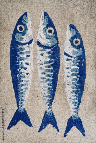 Blue sardines illustration in textured painterly style minimal seafood artwork coastal aesthetic marine life decorative poster hand painted fish design