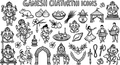 Εκτύπωση καμβά Ganesh Chaturthi Icons Black and White Line Art for Hindu Festival Celebration