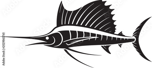 Black silhouette of a sailfish with large dorsal fin. logo Vector Black silhouettes